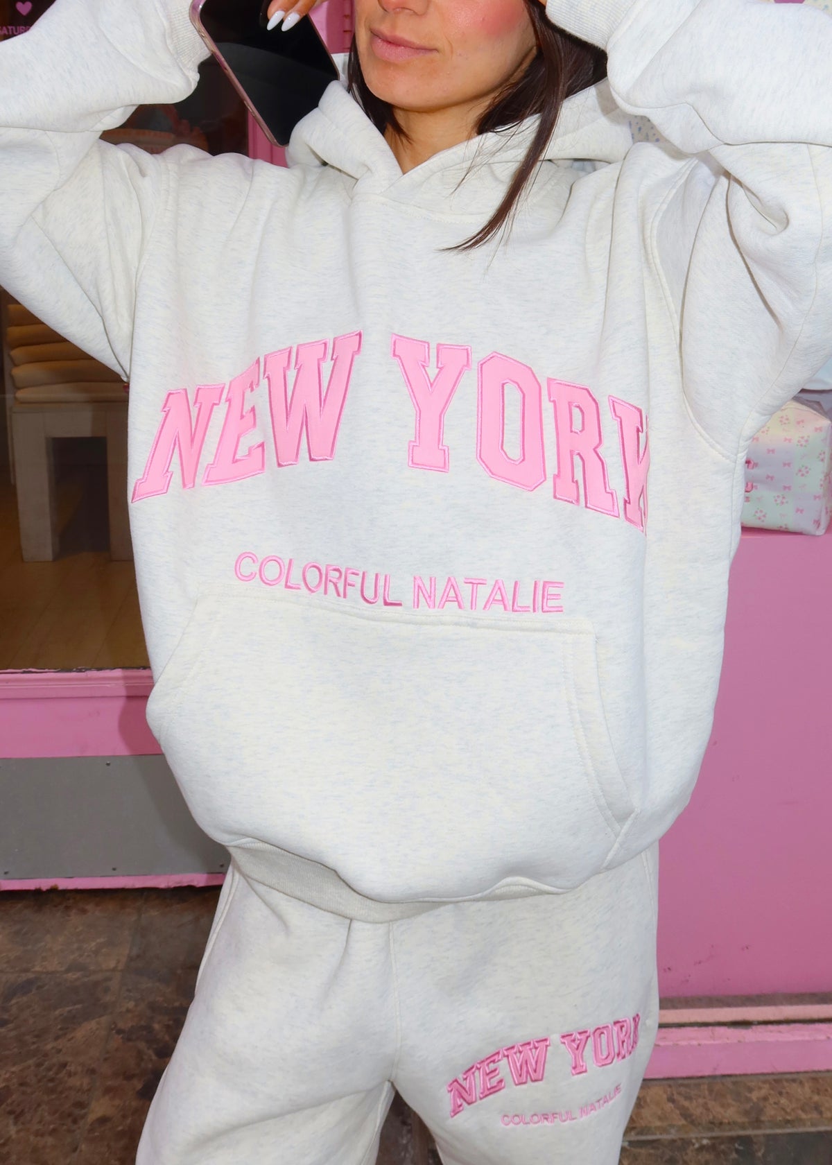 New York Pink Embroidered Hoodie