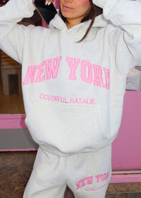 New York Pink Embroidered Hoodie