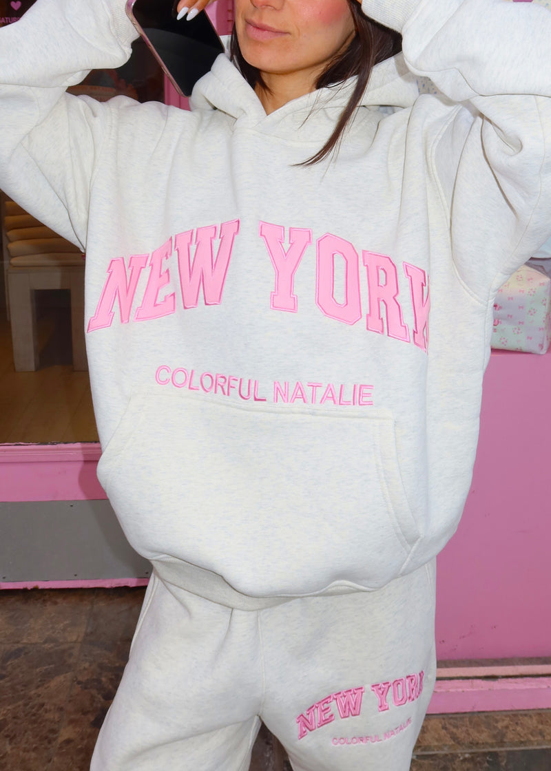 New York Pink Embroidered Hoodie