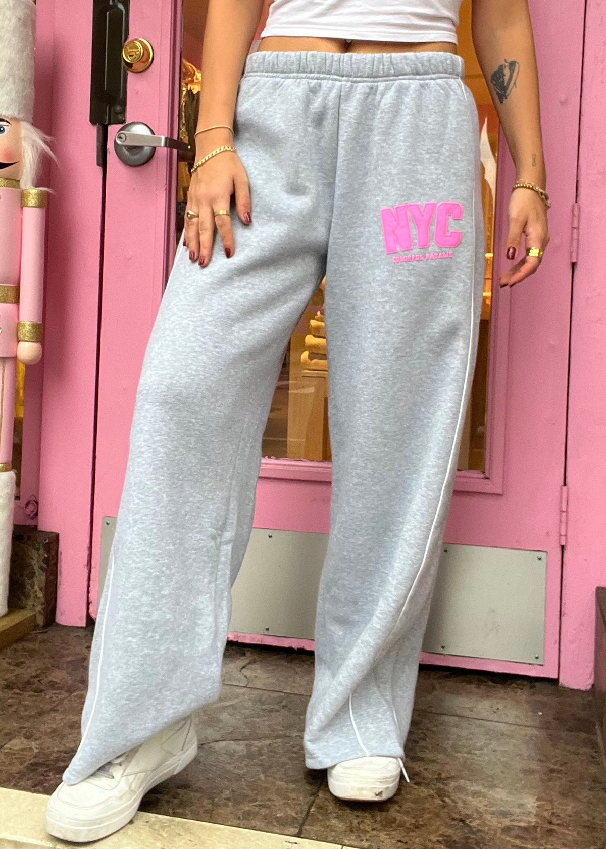 NYC Grey Puff Print Flare Sweatpants