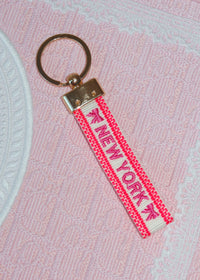New York Hot Pink Text Embroidered Keychain