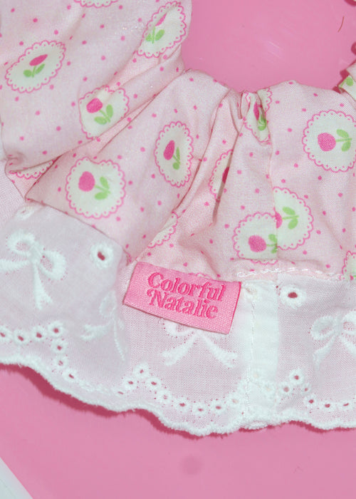 Pink Tulip Bows Lace Scrunchie