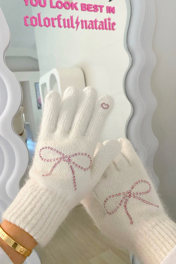 White Bow Rhinestone Gloves