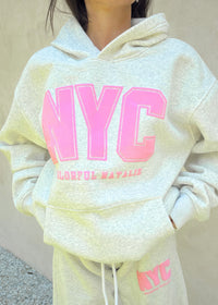NYC Heather White Pink Puff Print Hoodie