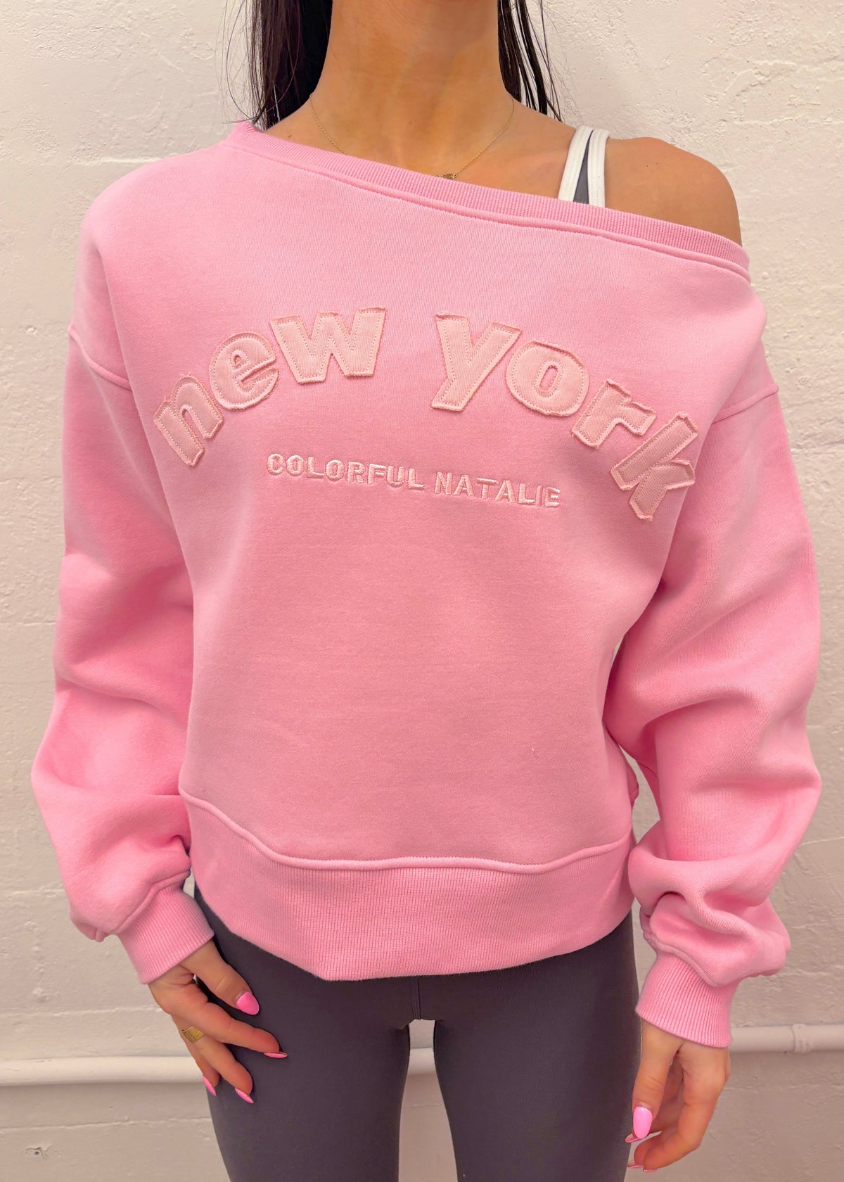 New York Pink Off Shoulder Sweatshirt