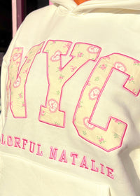 White Bows and Hearts Embroidered NYC Hoodie