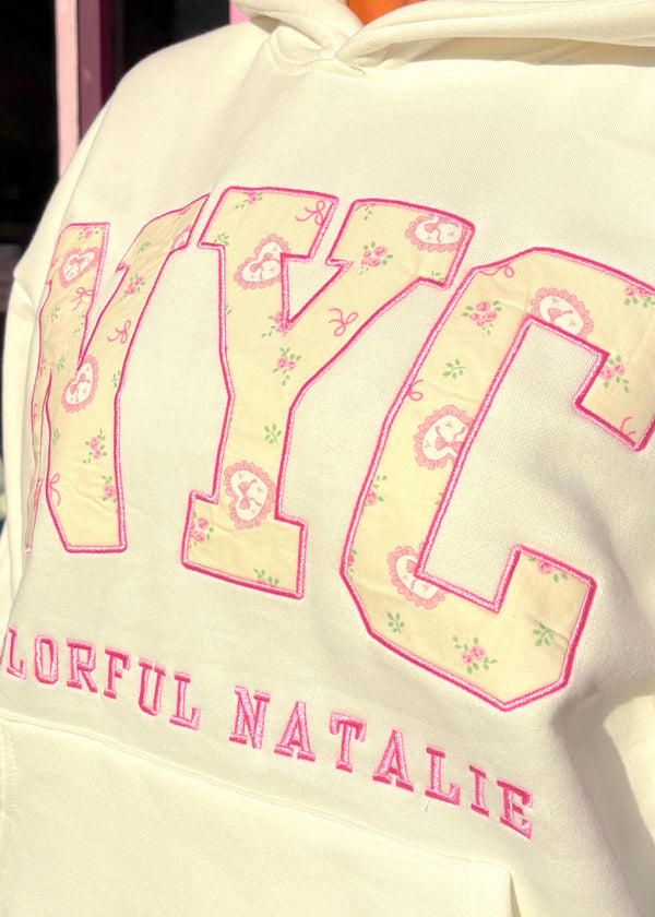 White Bows and Hearts Embroidered NYC Hoodie