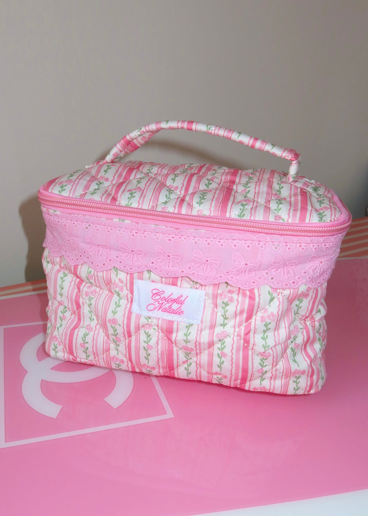 Flowers and Stripes Handle Makeup Bag