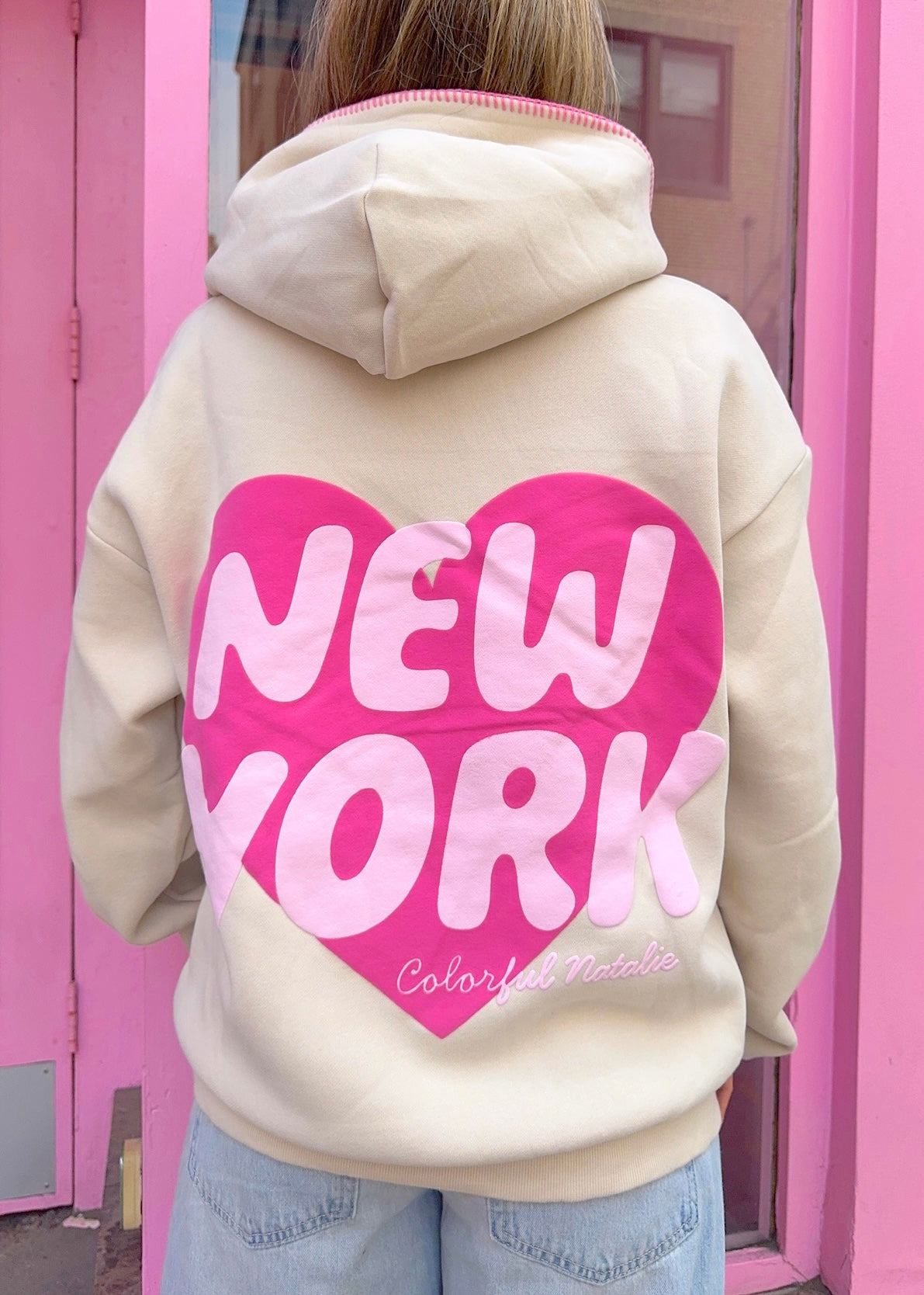 New York Heart Oatmeal Stitched Puff Hoodie