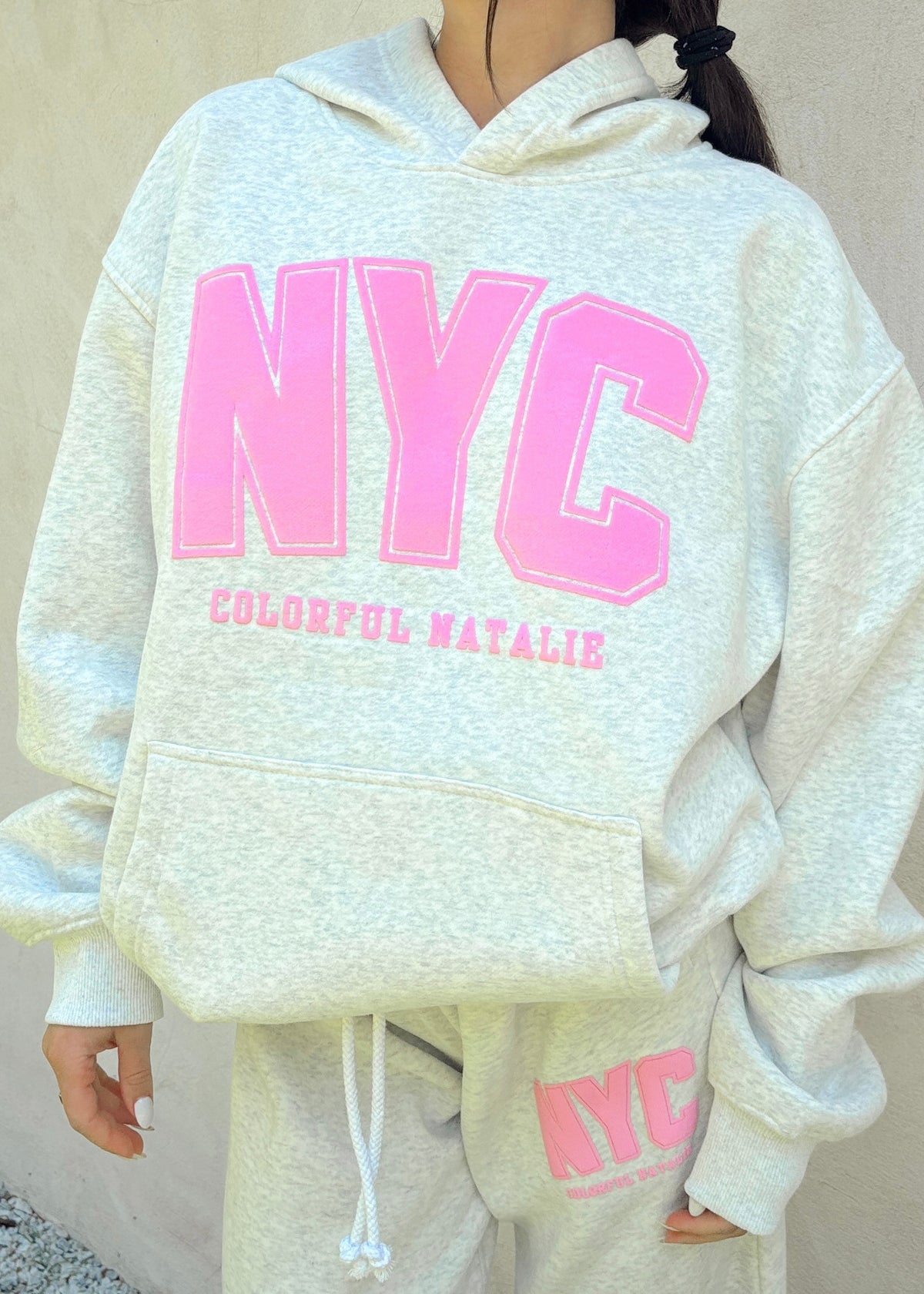 NYC Heather White Pink Puff Print Hoodie