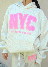 NYC Heather White Pink Puff Print Hoodie