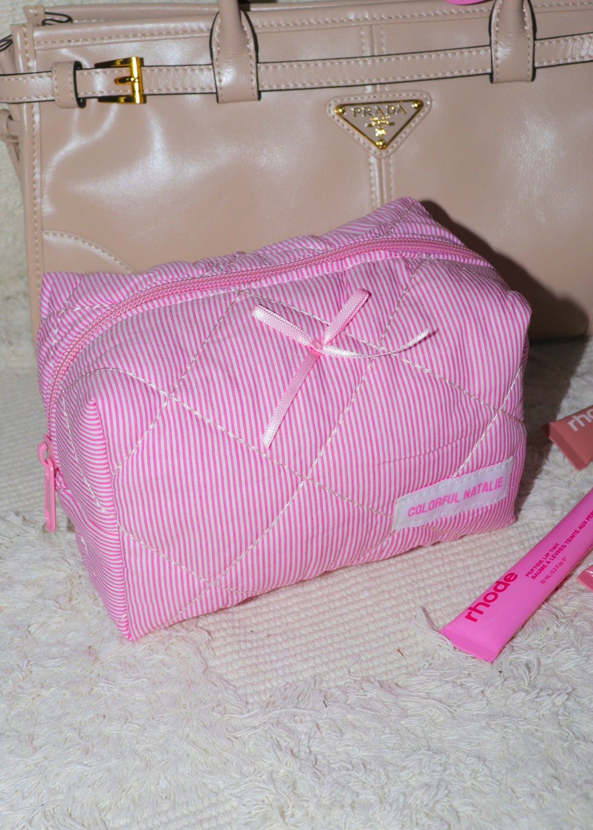 Pink Striped Bows Makeup Bag