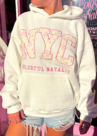 White Bows and Hearts Embroidered NYC Hoodie