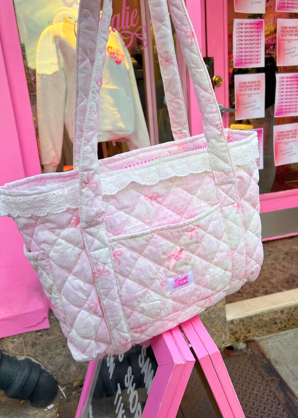 Pink Bow Quilted Patchwork Tote