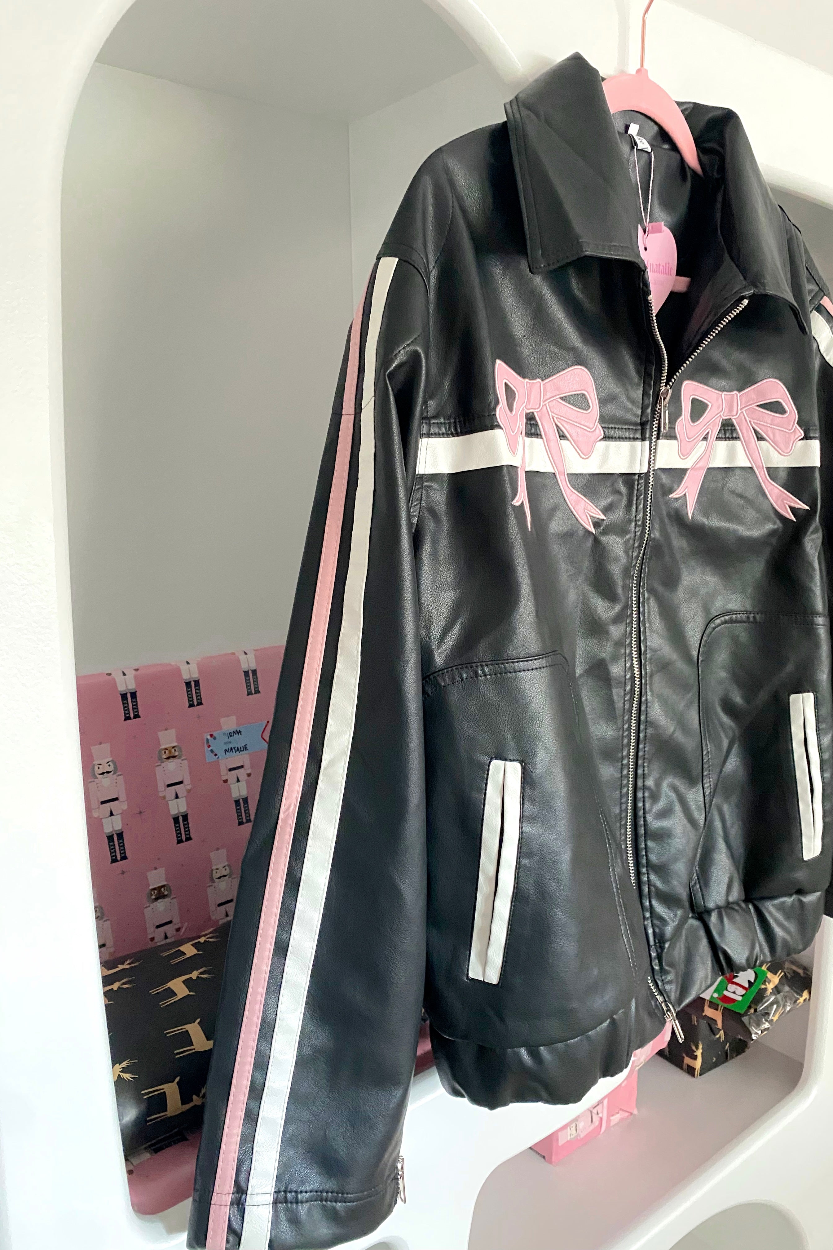 Pink and best sale black leather jacket