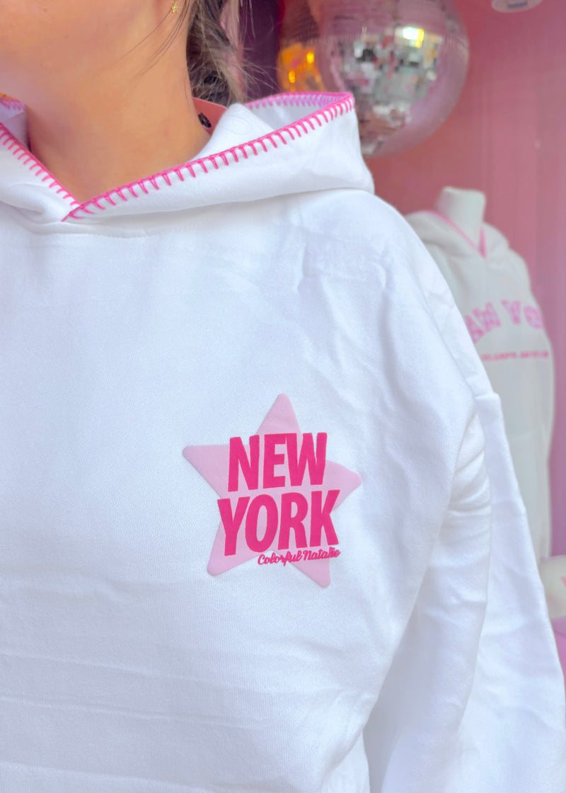 New York Star White Stitched Puff Hoodie