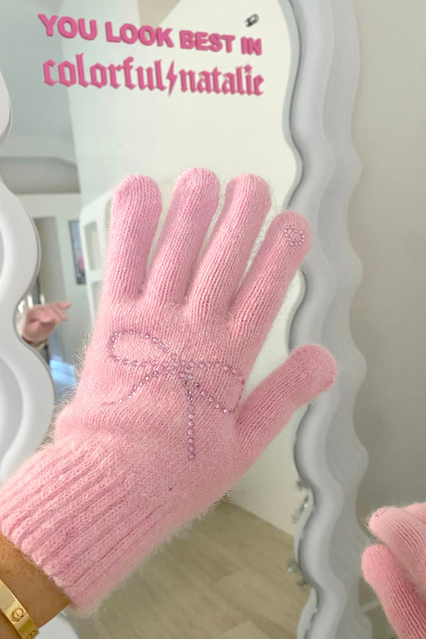 Pink Bow Rhinestone Gloves