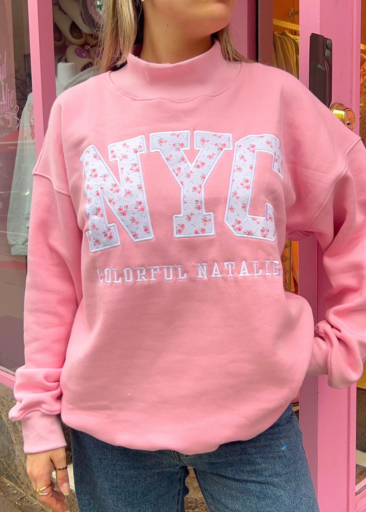 Floral Bouquets Pink Embroidered NYC Mockneck