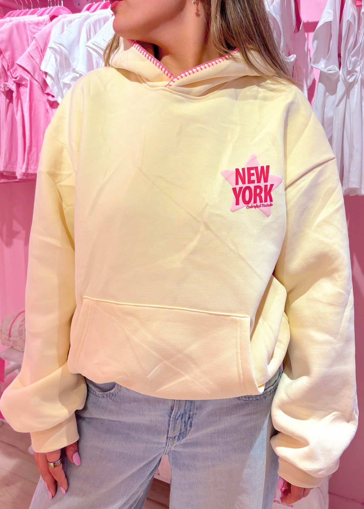New York Star Cream Stitched Puff Hoodie