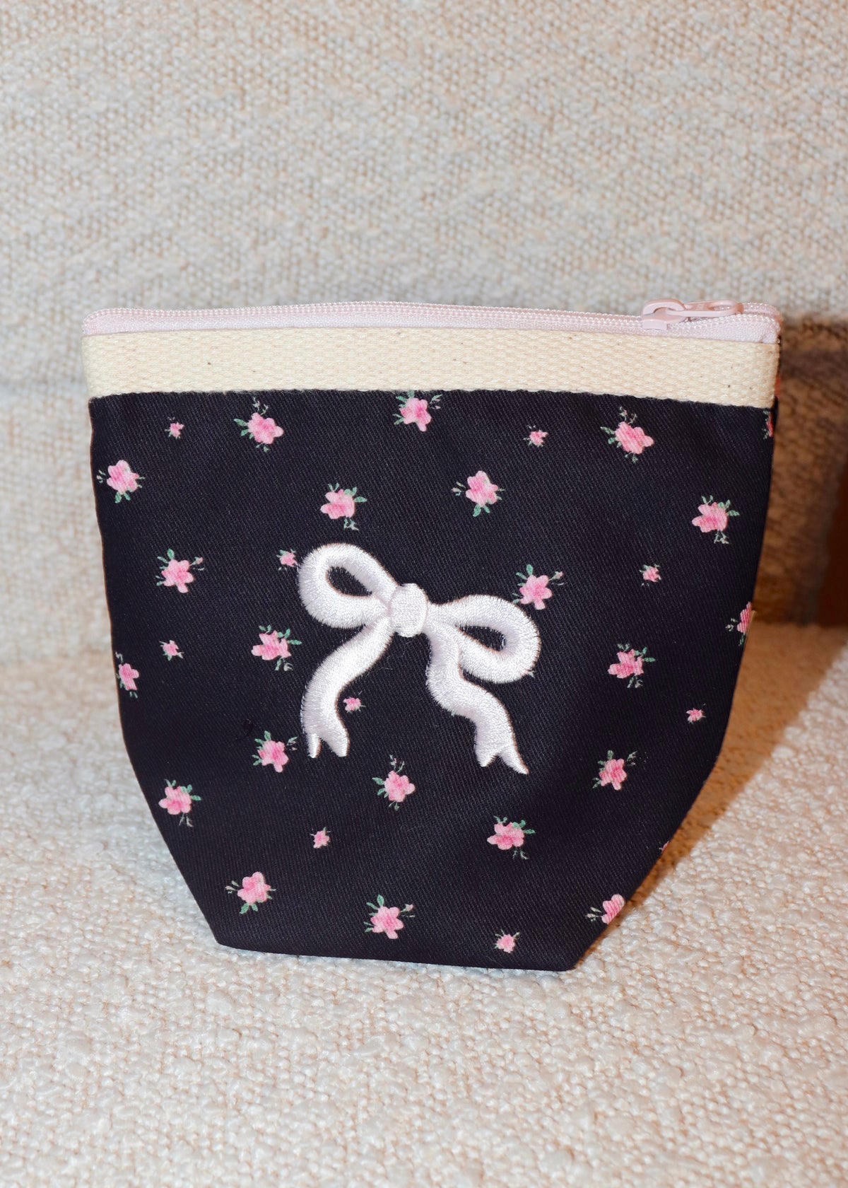 Embroidered Bow Black Makeup Bag