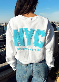 NYC Blue Puff Print White Crewneck