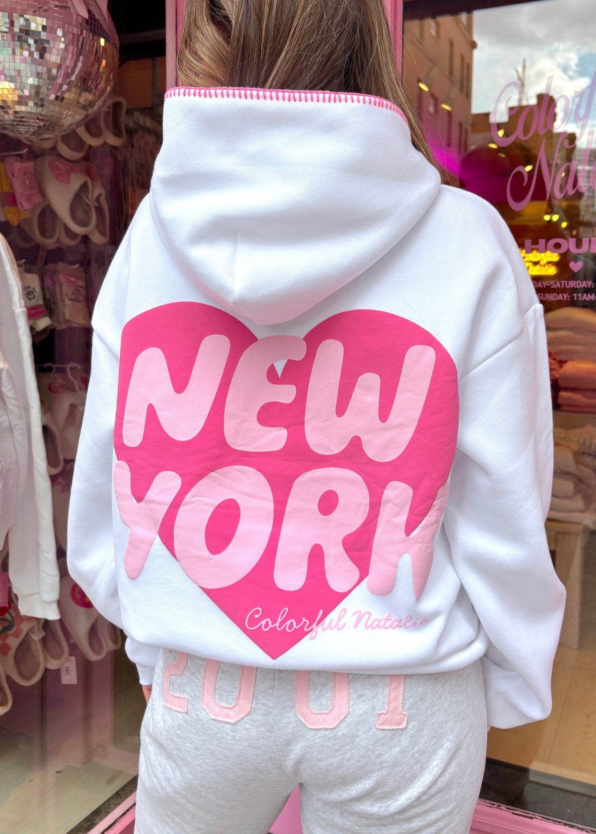 New York Heart White Stitched Puff Hoodie