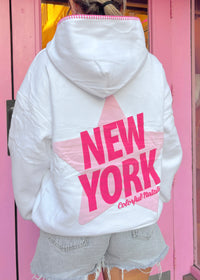 New York Star White Stitched Puff Hoodie