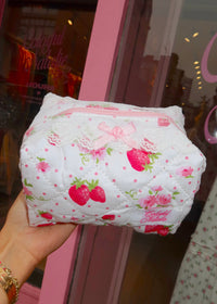 Pink Strawberries Lace Makeup Bag