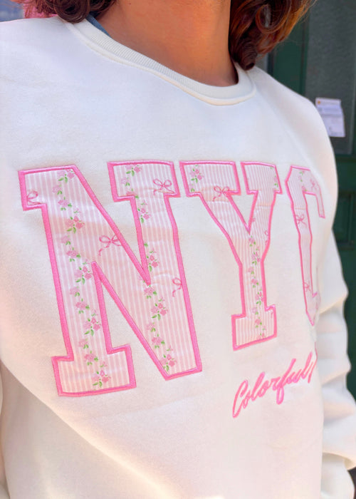 Elegant Pink Embroidered NYC Crewneck