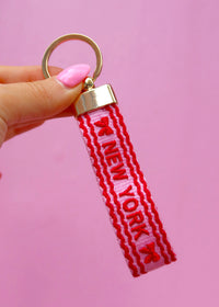 Red Bows Squiggle NY Embroidered Keychain