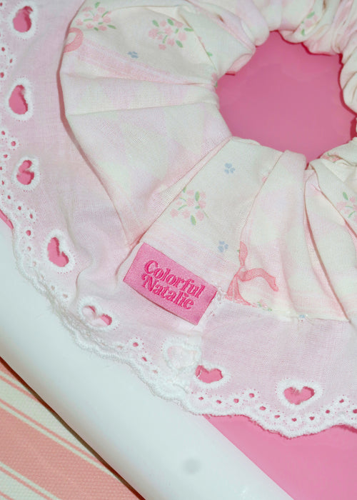 Pink Bow Quilted Lace Scrunchie