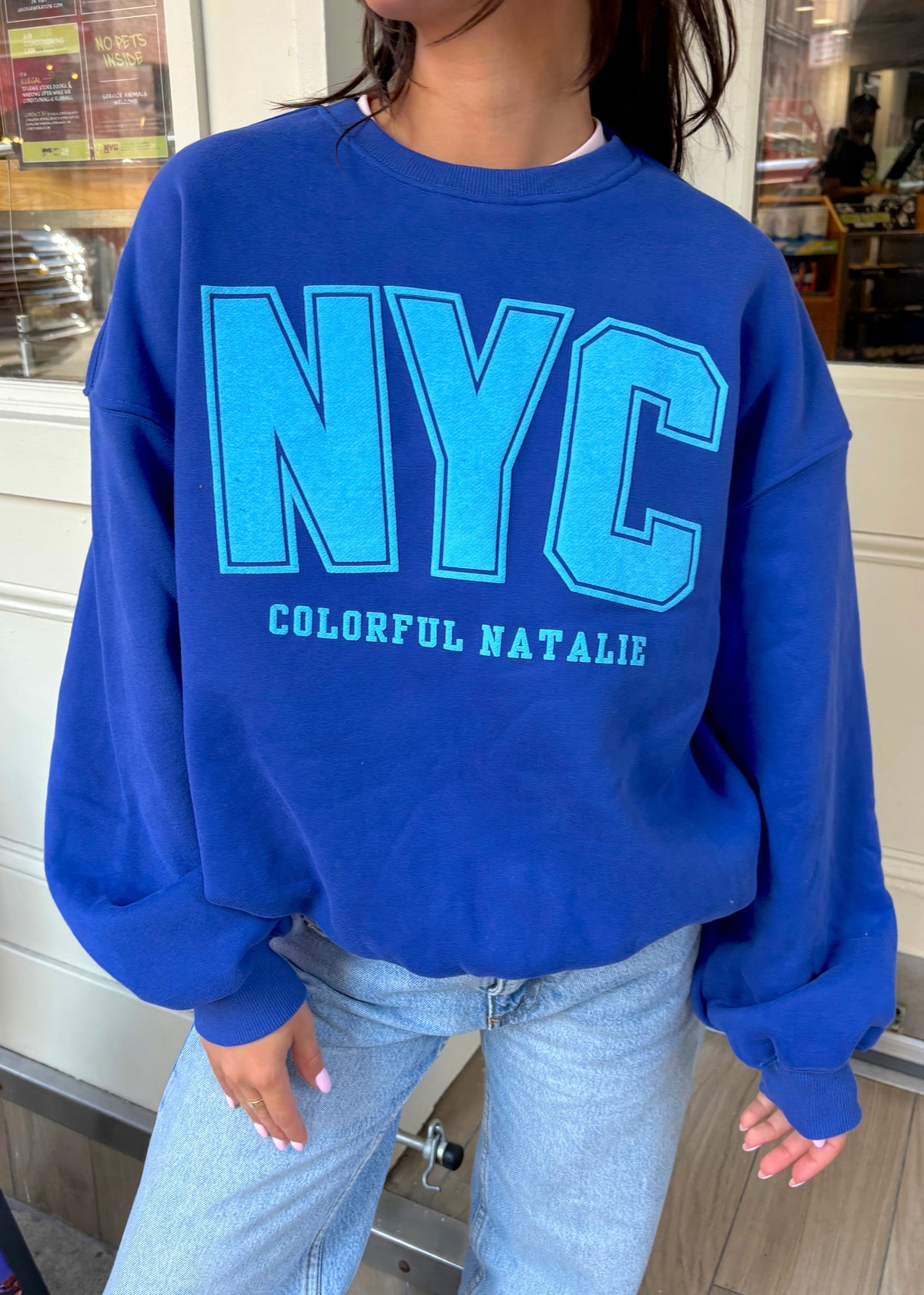 NYC Royal Blue Puff Print Crewneck