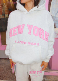 New York Pink Embroidered Hoodie