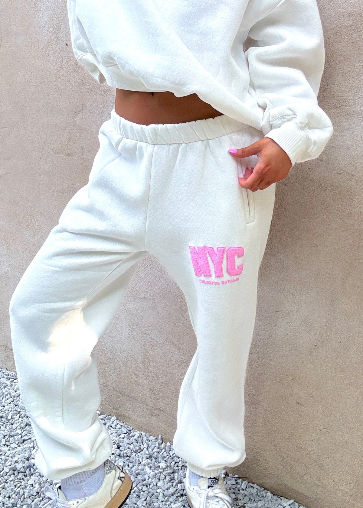 NYC White Puff Print Sweatpants