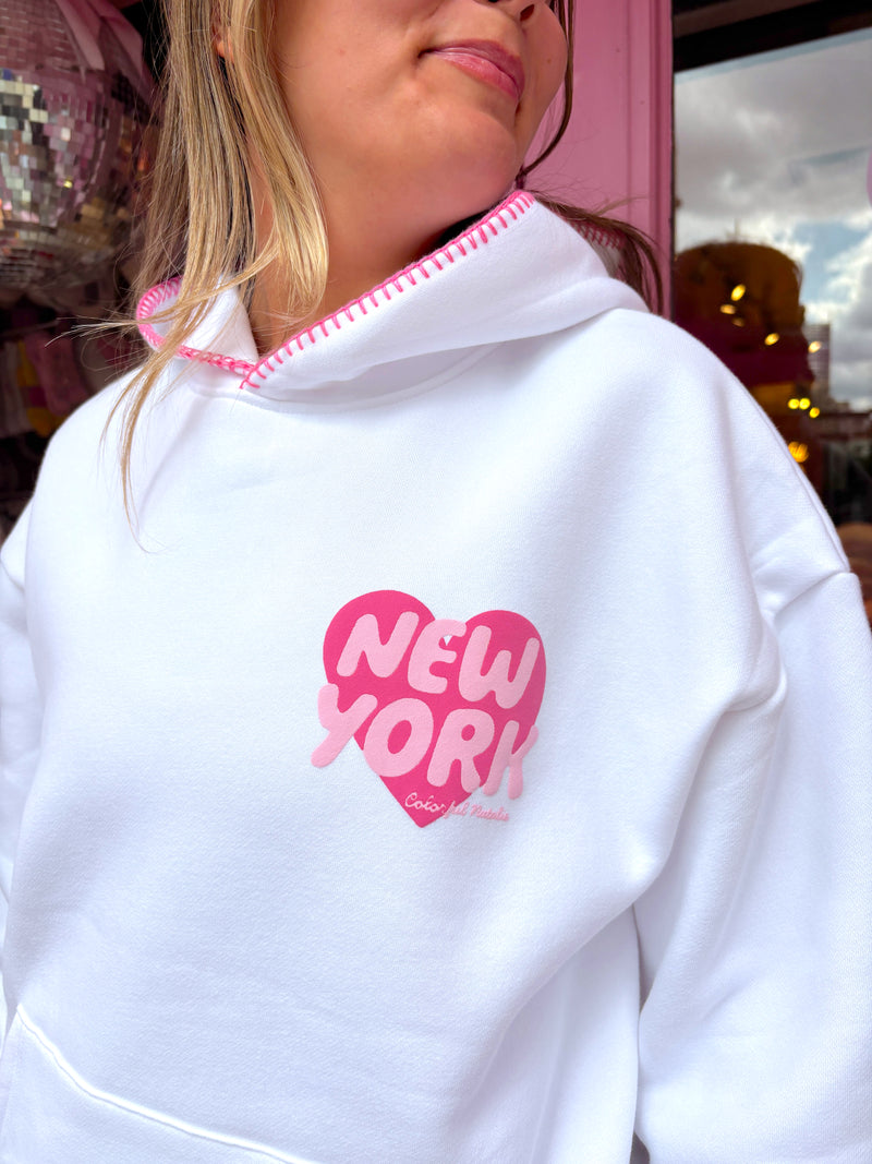 Preorder: New York Heart White Stitched Puff Hoodie