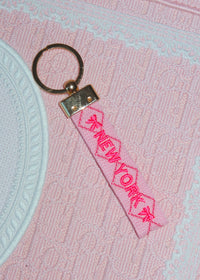 New York Pink Striped Embroidered Keychain