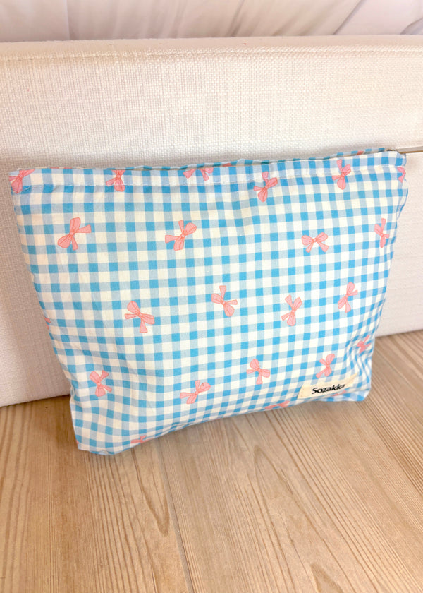 All Blue Gingham Bows Makeup Bag