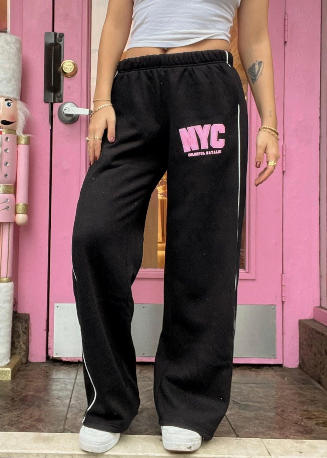 NYC Black Puff Print Flare Sweatpants