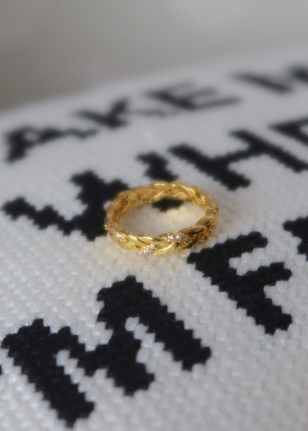 18k Gold Braided Chain Link CZ Ring