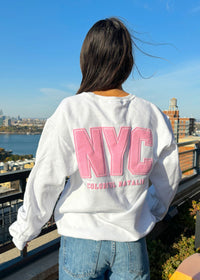 NYC Pink Puff Print White Crewneck