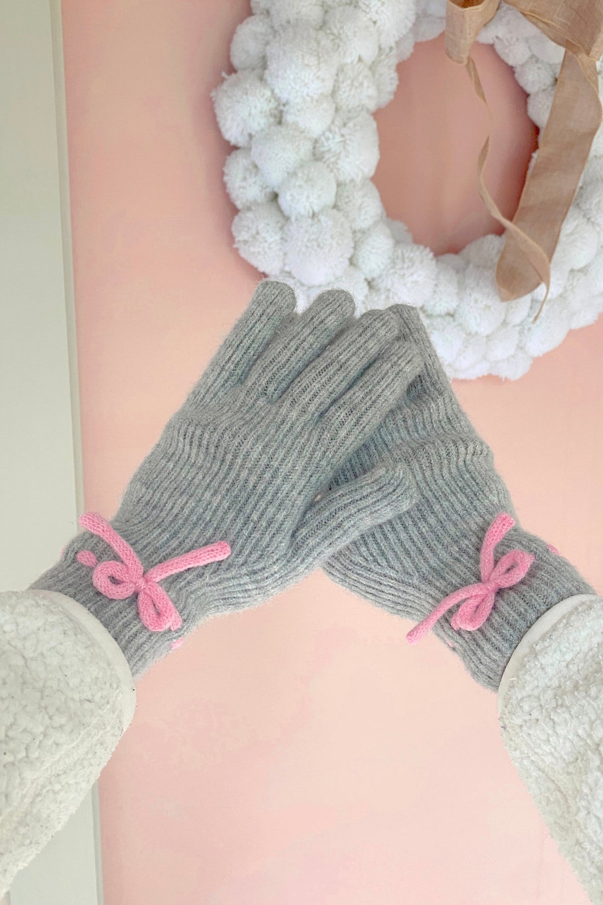 Pink Bow Grey Winter Gloves