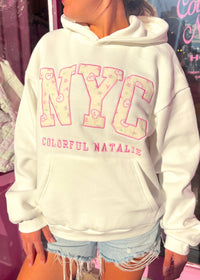 White Bows and Hearts Embroidered NYC Hoodie