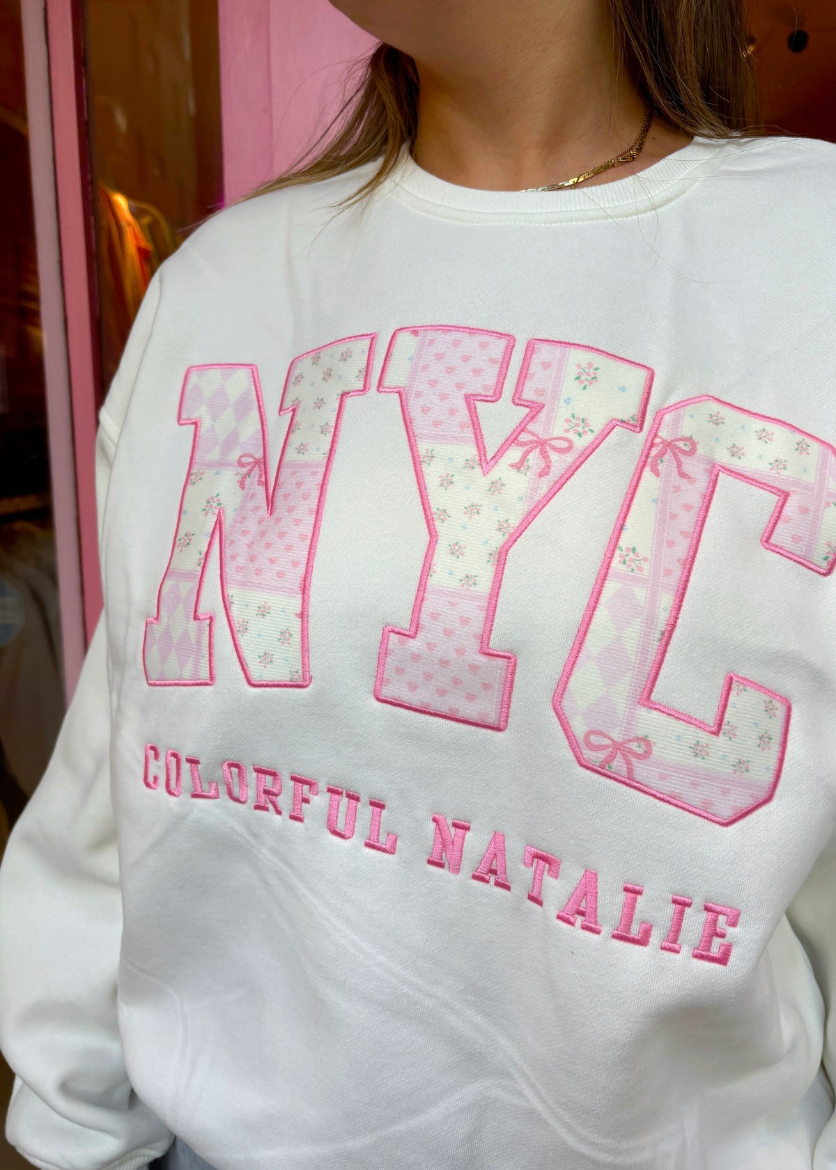 Pink Hearts Embroidered NYC Crewneck