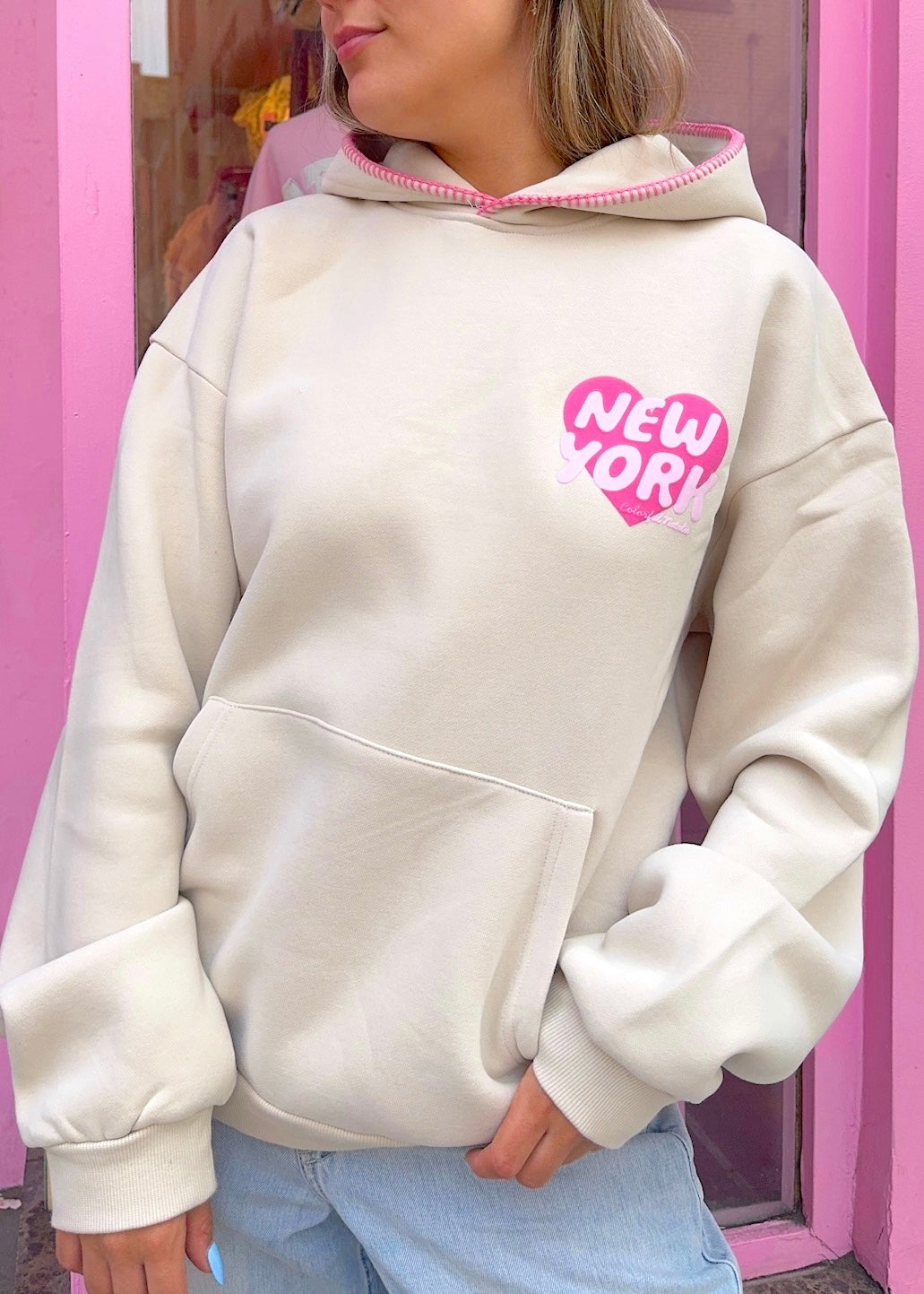 New York Heart Oatmeal Stitched Puff Hoodie