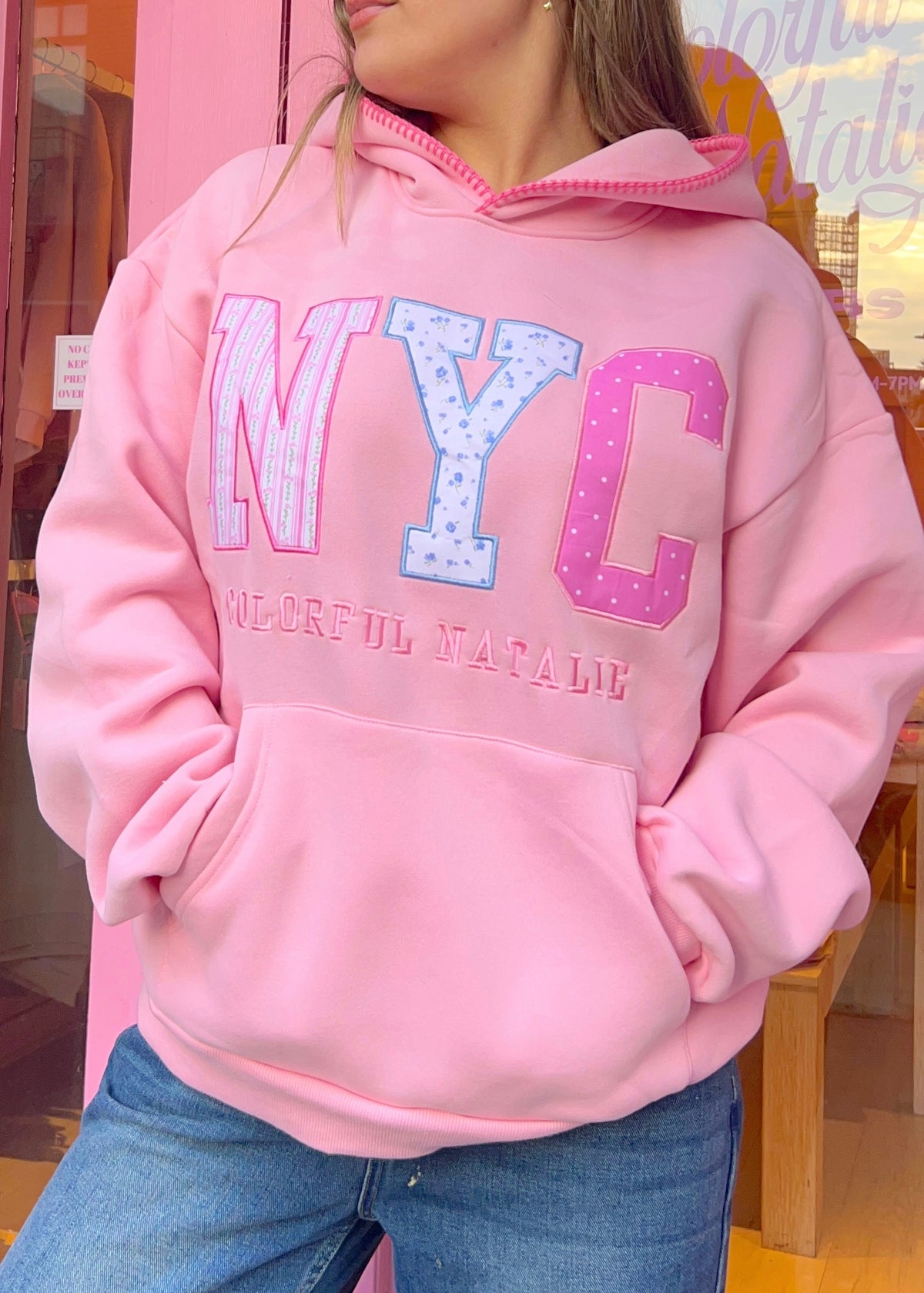 Pink Patterns Embroidered NYC Hoodie