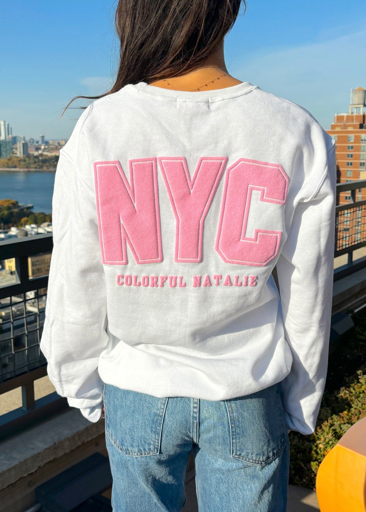 NYC Pink Puff Print White Crewneck