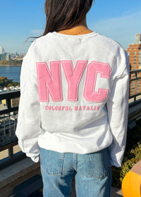 NYC Pink Puff Print White Crewneck