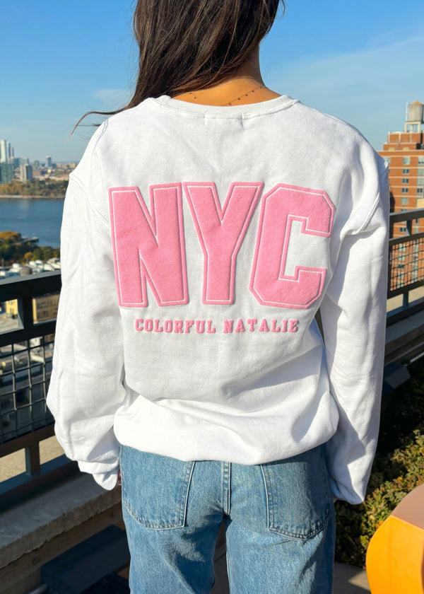 NYC Pink Puff Print White Crewneck