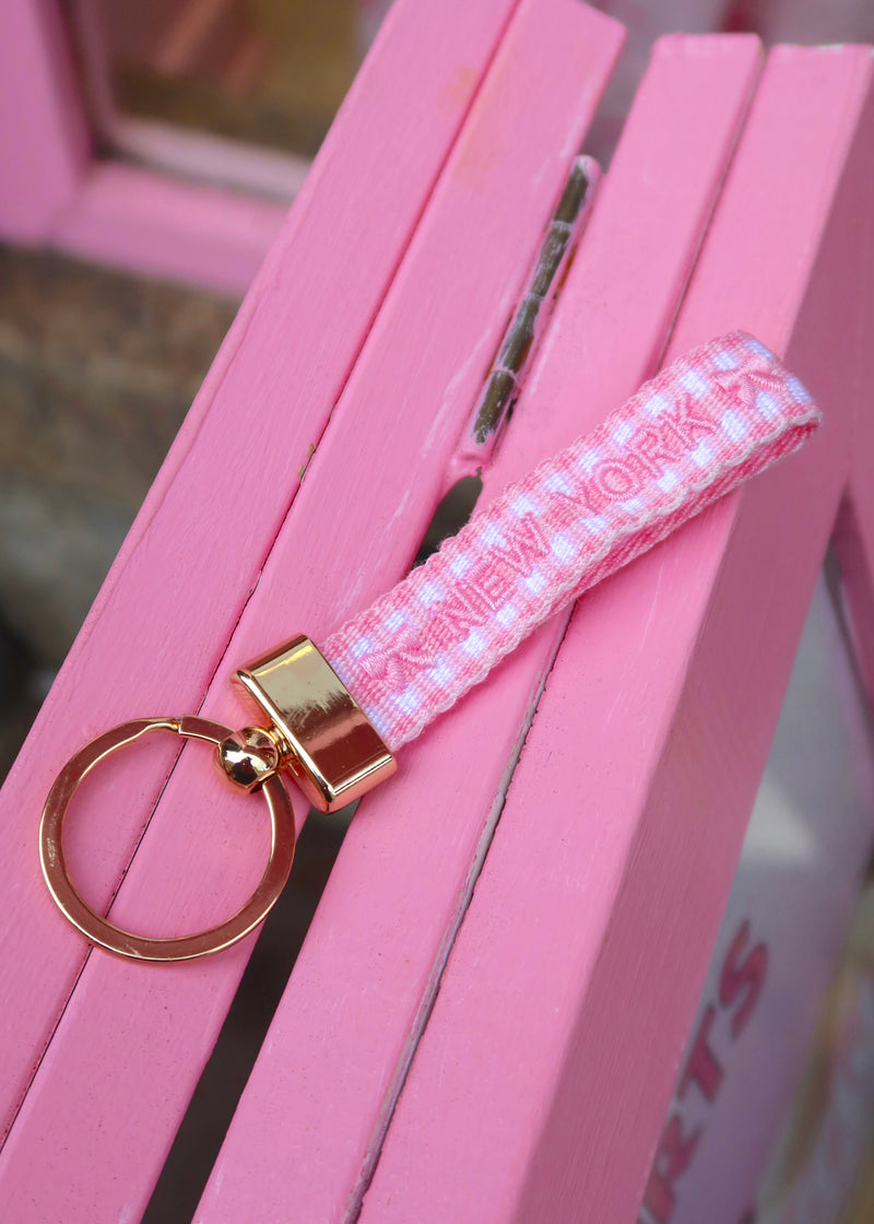 Pink Bows Gingham NY Embroidered Keychain