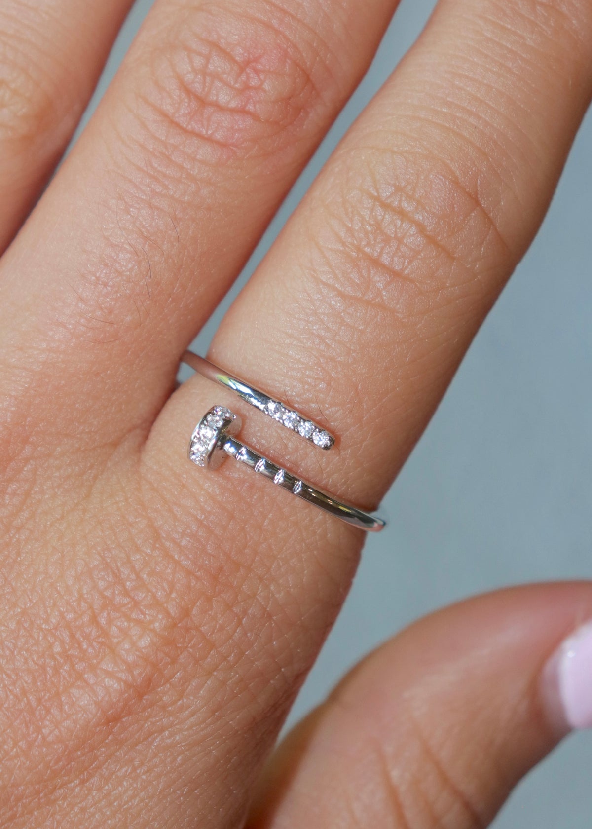 Silver CZ Nail Thin Twist Ring